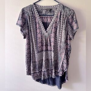 Lucky Brand Pink and Purple Graphic Short Sleeve Blouse size L